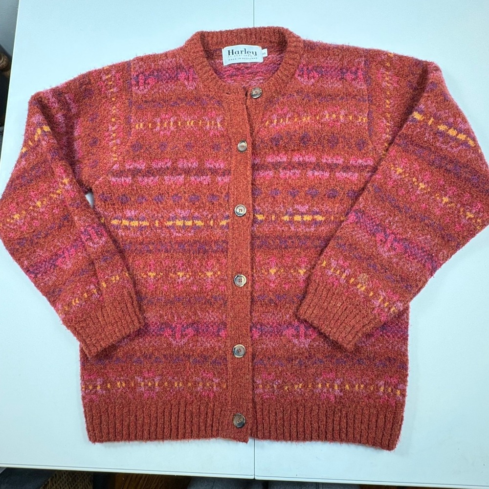 Harley of Scotland Womens Merino Wool Fair Isle Cardigan Sweater Red Pink Small